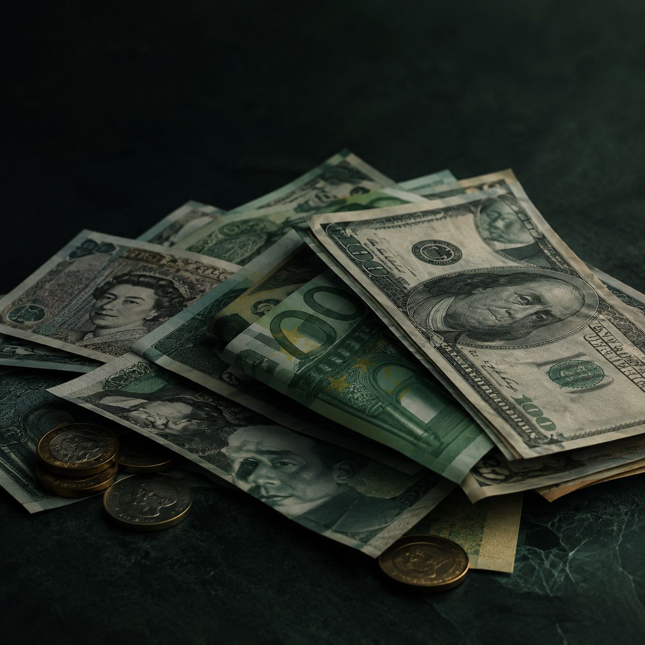 Artful spread of international banknotes with no readable text shallow depth of field