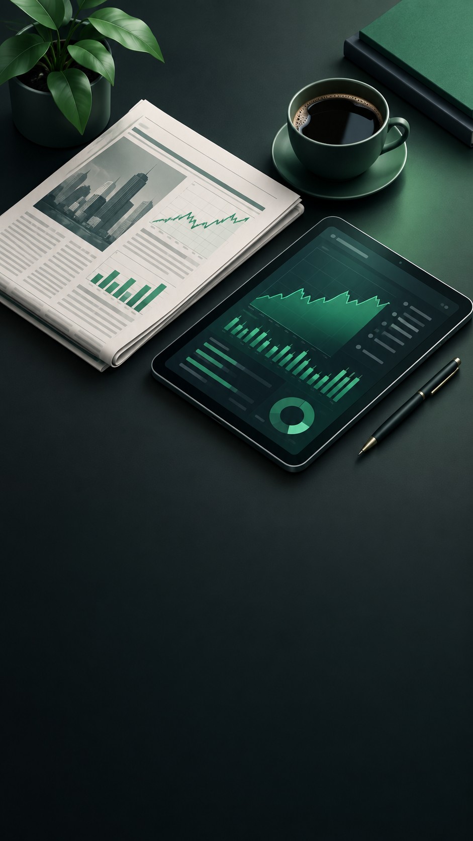 Financial newspaper tablet with charts and coffee on a desk